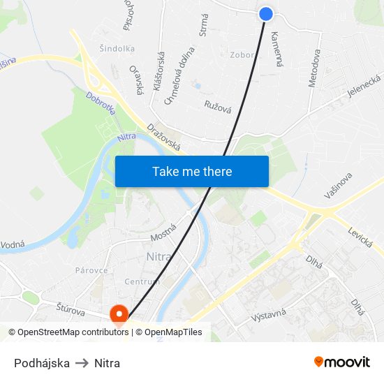 Podhájska to Nitra map