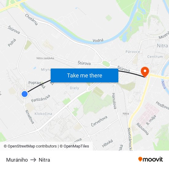 Murániho to Nitra map