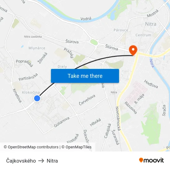 Čajkovského to Nitra map