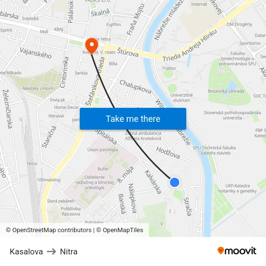 Kasalova to Nitra map
