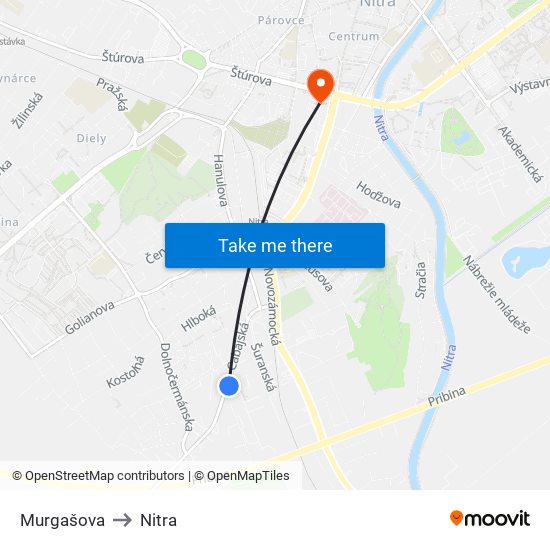 Murgašova to Nitra map