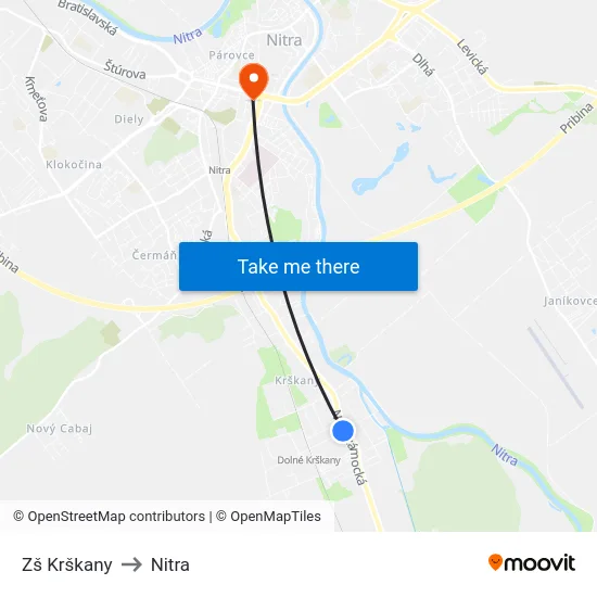 Zš Krškany to Nitra map