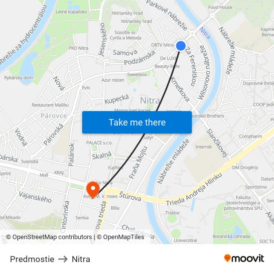 Predmostie to Nitra map