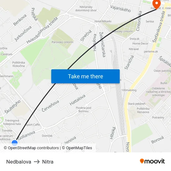 Nedbalova to Nitra map