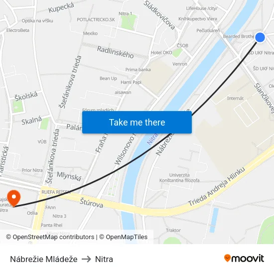 Nábrežie Mládeže to Nitra map