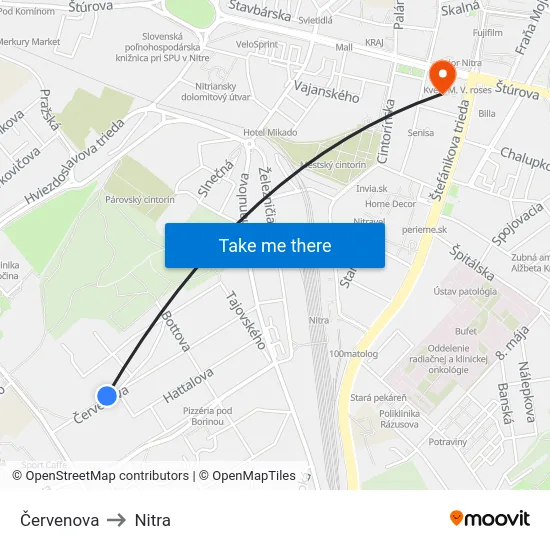 Červenova to Nitra map