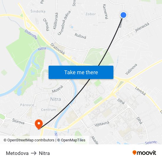 Metodova to Nitra map