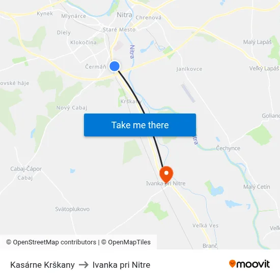 Kasárne Krškany to Ivanka pri Nitre map
