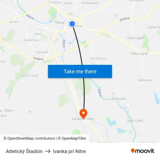 Atletický Štadión to Ivanka pri Nitre map