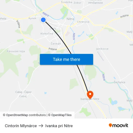Cintorín Mlynárce to Ivanka pri Nitre map