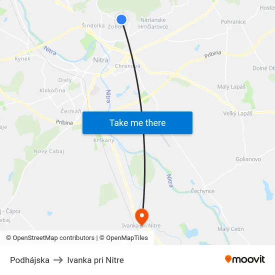 Podhájska to Ivanka pri Nitre map