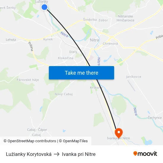 Lužianky Korytovská to Ivanka pri Nitre map