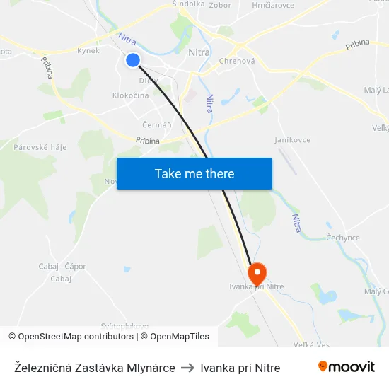 Železničná Zastávka Mlynárce to Ivanka pri Nitre map
