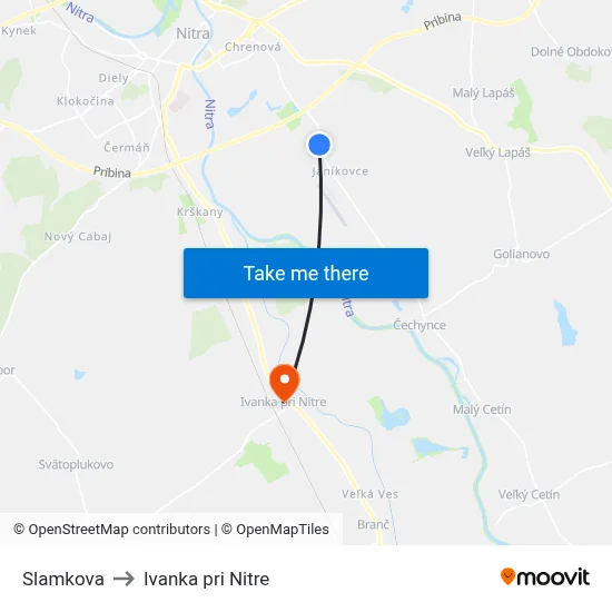 Slamkova to Ivanka pri Nitre map