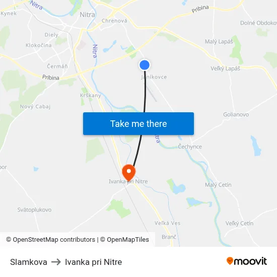 Slamkova to Ivanka pri Nitre map