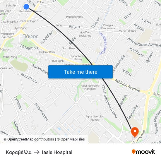 Καραβέλλα to Iasis Hospital map