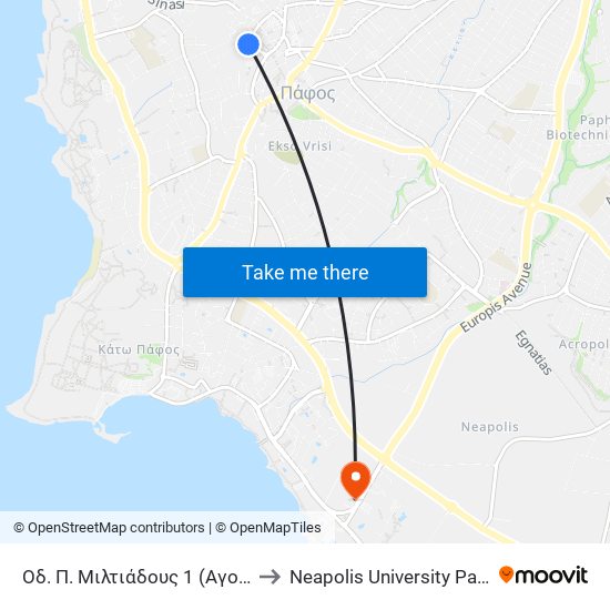 Οδ. Π. Μιλτιάδους 1 (Αγορά) to Neapolis University Pafos map