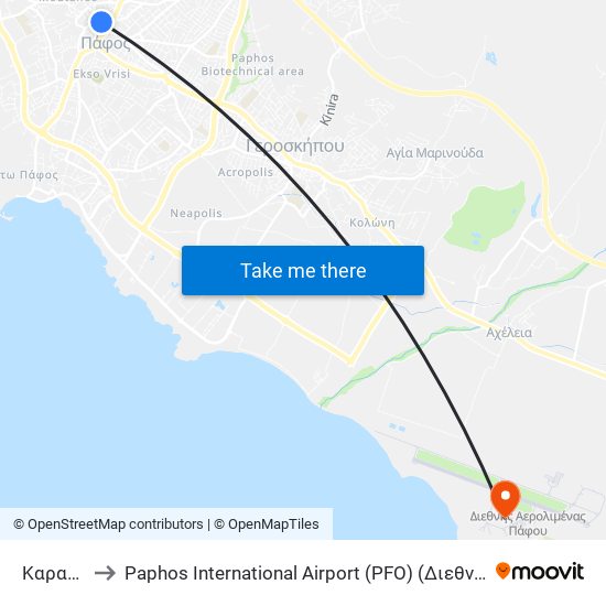 Καραβέλλα to Paphos International Airport (PFO) (Διεθνής Αερολιμένας Πάφου) map