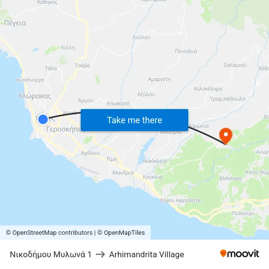 Νικοδήμου Μυλωνά 1 to Arhimandrita Village map