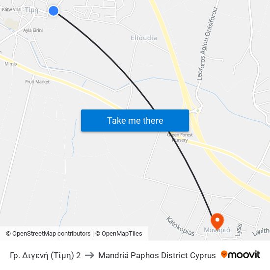 Γρ. Διγενή (Τίμη) 2 to Mandriá Paphos District Cyprus map