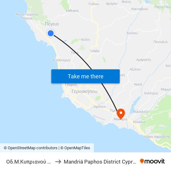 Οδ.Μ.Κυπριανού 10 to Mandriá Paphos District Cyprus map