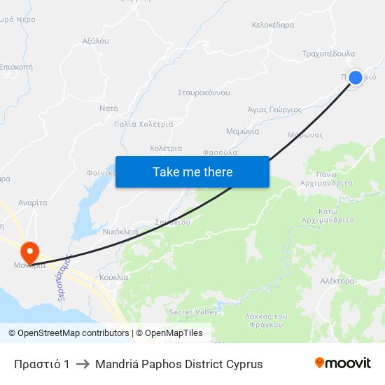 Πραστιό 1 to Mandriá Paphos District Cyprus map