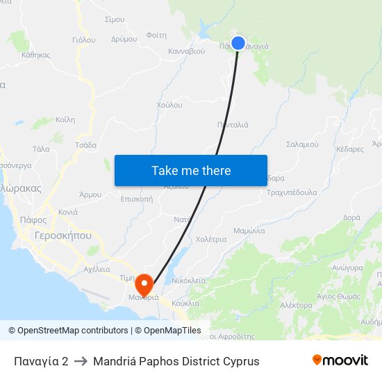 Παναγία 2 to Mandriá Paphos District Cyprus map