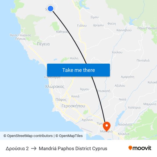 Δρούσια 2 to Mandriá Paphos District Cyprus map