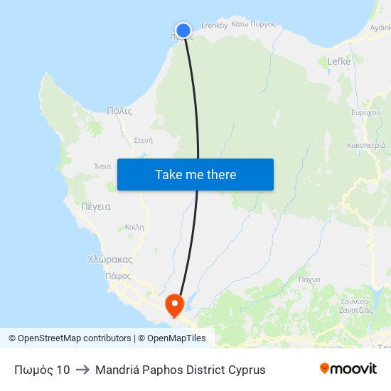 Πωμός 10 to Mandriá Paphos District Cyprus map