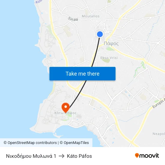 Νικοδήμου Μυλωνά 1 to Káto Páfos map