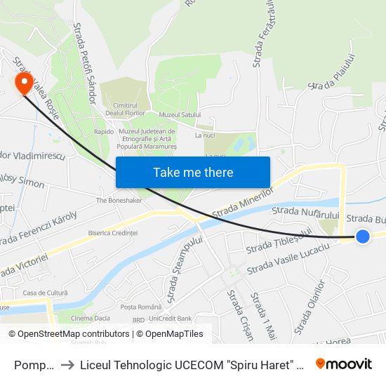 Pompieri to Liceul Tehnologic UCECOM "Spiru Haret" Baia Mare map