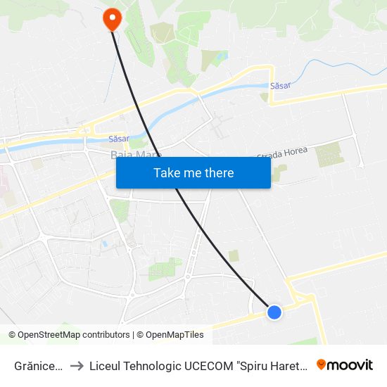 Grănicerilor to Liceul Tehnologic UCECOM "Spiru Haret" Baia Mare map