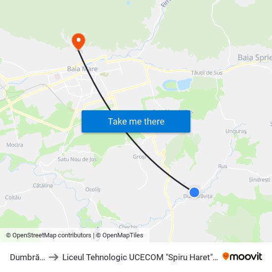Dumbrăvița to Liceul Tehnologic UCECOM "Spiru Haret" Baia Mare map