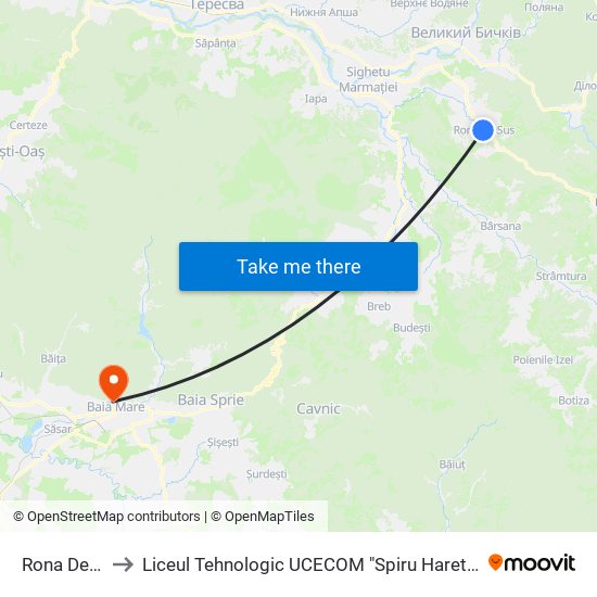 Rona De Sus to Liceul Tehnologic UCECOM "Spiru Haret" Baia Mare map