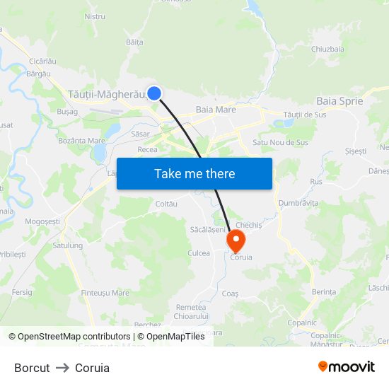 Borcut to Coruia map