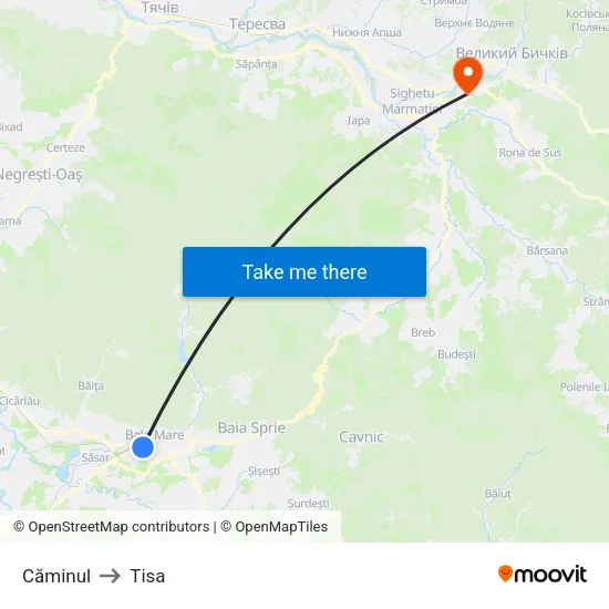 Căminul to Tisa map