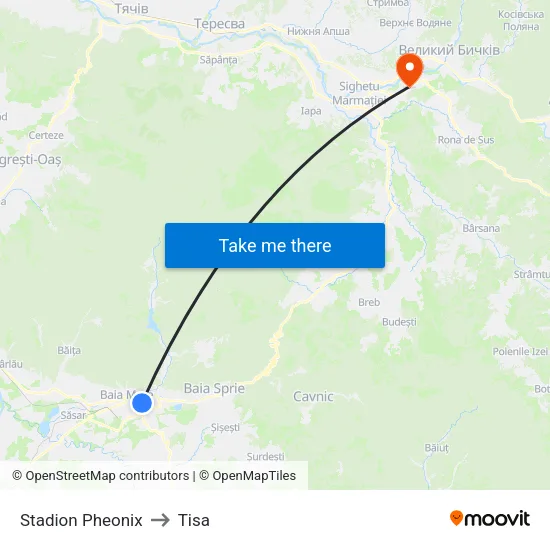 Stadion Pheonix to Tisa map