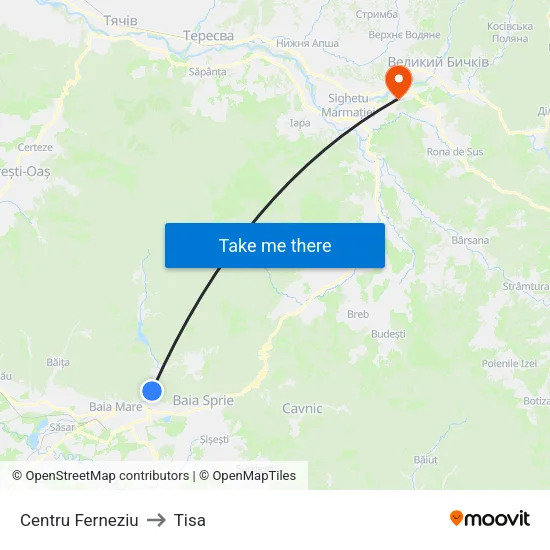 Centru Ferneziu to Tisa map