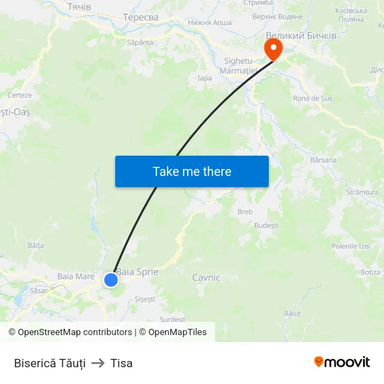 Biserică Tăuți to Tisa map