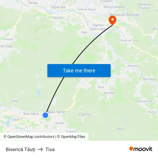 Biserică Tăuți to Tisa map