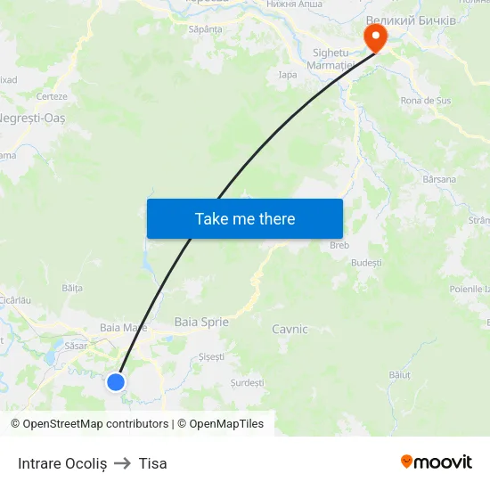 Intrare Ocoliș to Tisa map