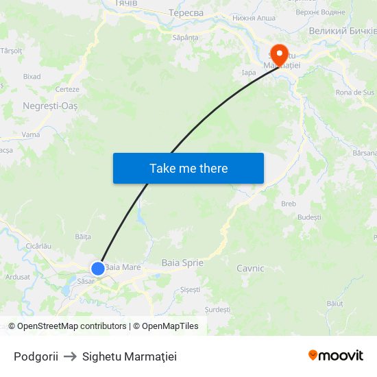 Podgorii to Sighetu Marmaţiei map