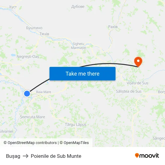 Bușag to Poienile de Sub Munte map