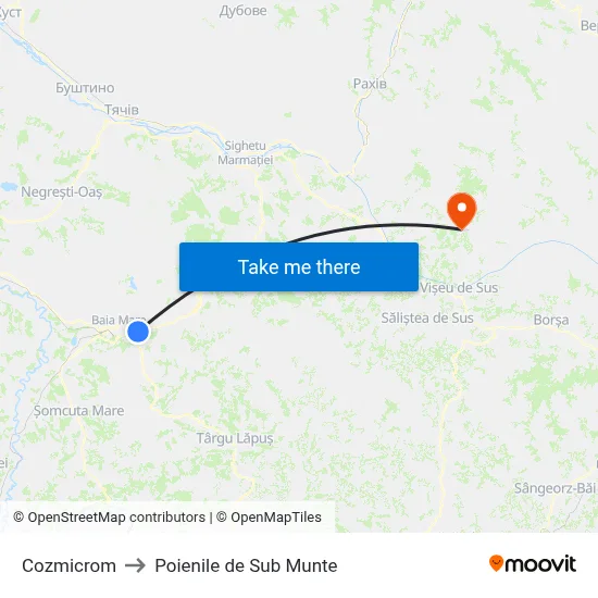 Cozmicrom to Poienile de Sub Munte map