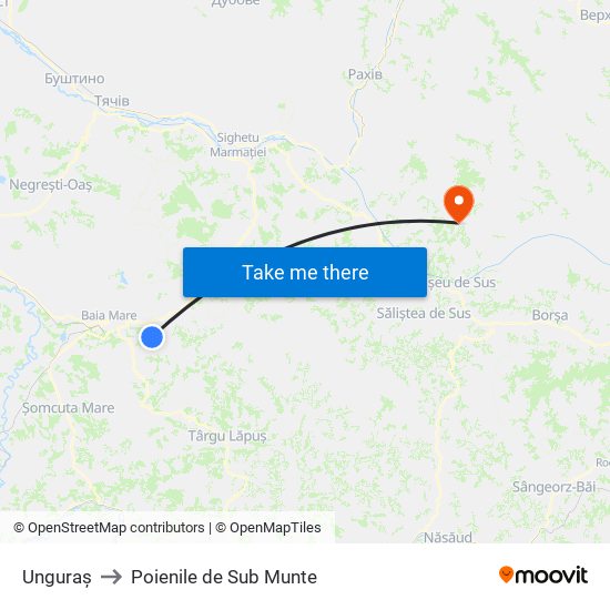 Unguraș to Poienile de Sub Munte map