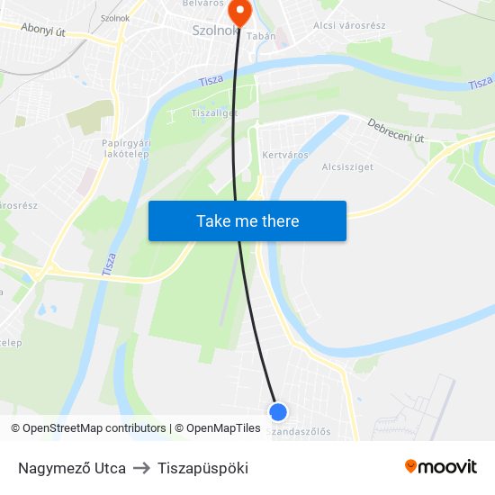Nagymező Utca to Tiszapüspöki map
