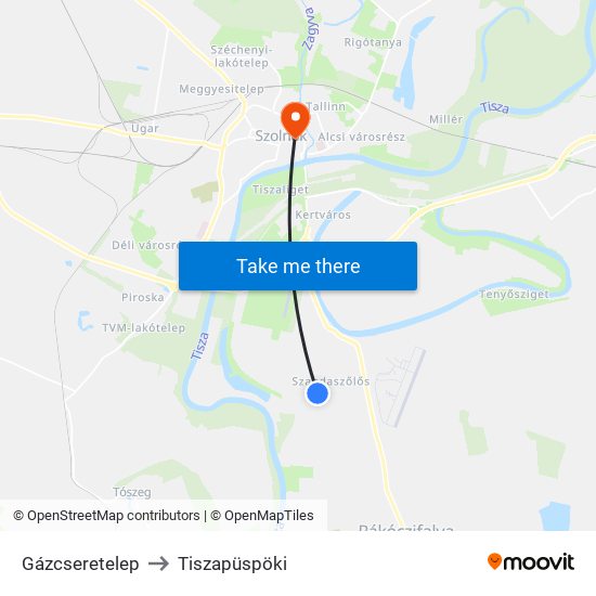 Gázcseretelep to Tiszapüspöki map