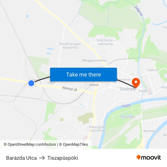 Barázda Utca to Tiszapüspöki map