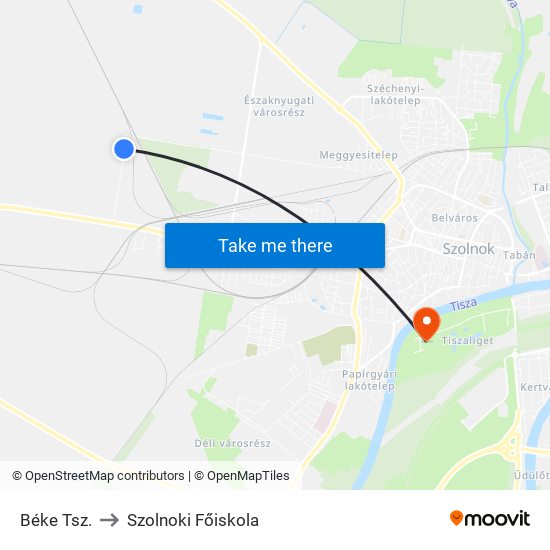 Béke Tsz. to Szolnoki Főiskola map