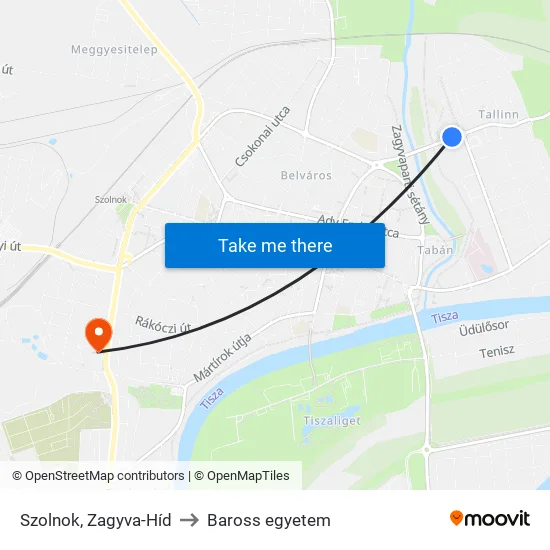 Szolnok, Zagyva-Híd to Baross egyetem map